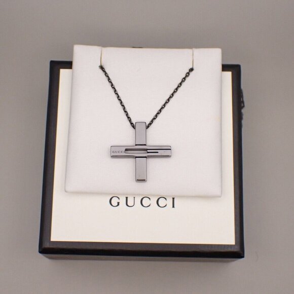 GUCCI Logo Cross Black Rhodium Coating Chain Necklace Pendant AG925 05YG716 - Picture 1 of 9